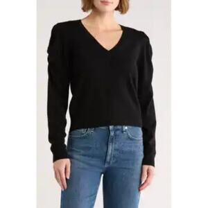 Frame Quiet Luxury Puff Long Sleeve V Neck Top Medium Black Dark Academia Preppy